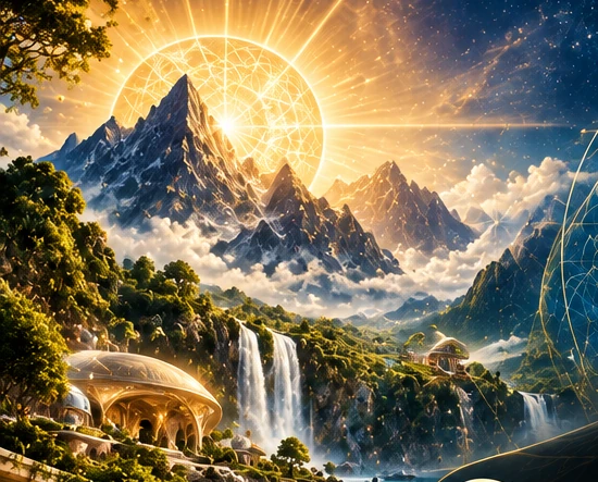 Montanhas, natureza e luz dourada da arte de referência